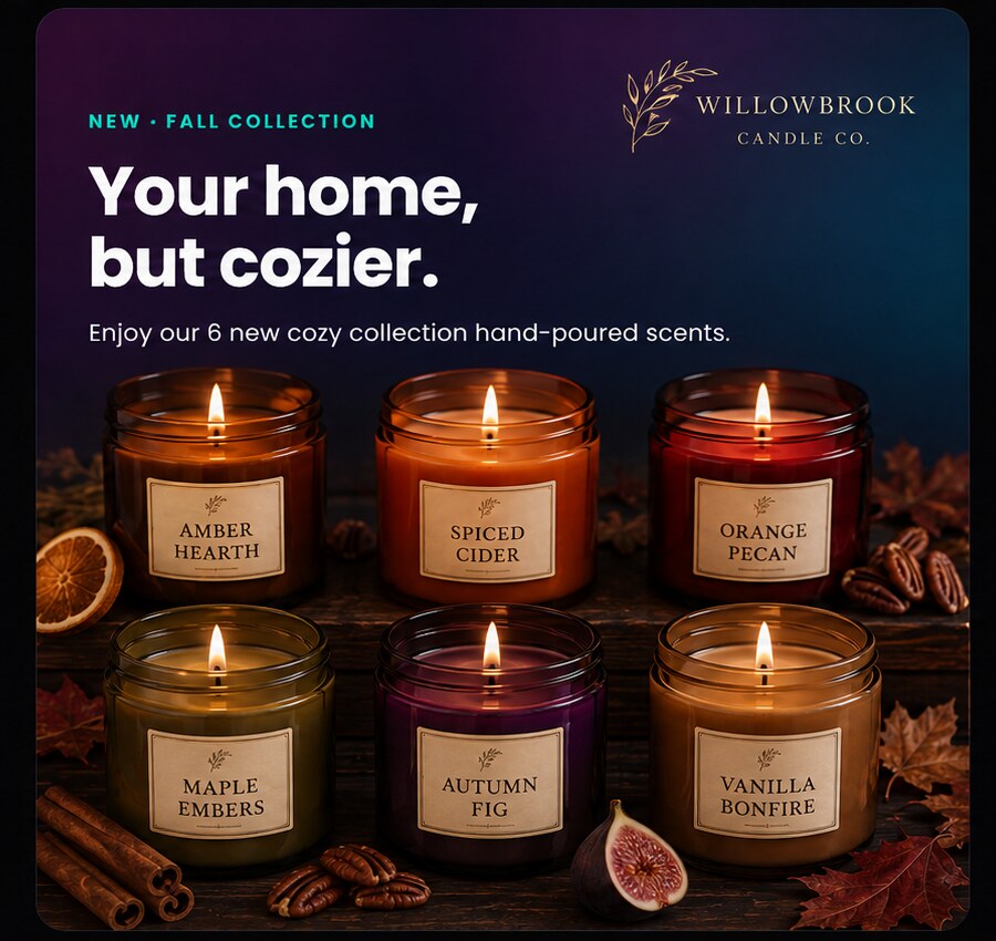Willowbrook Candle Co. fall collection social graphic — “Your home, but cozier.” featuring six hand-poured soy candles: Amber Hearth, Spiced Cider, Orange Pecan, Maple Embers, Autumn Fig, and Vanilla Bonfire.