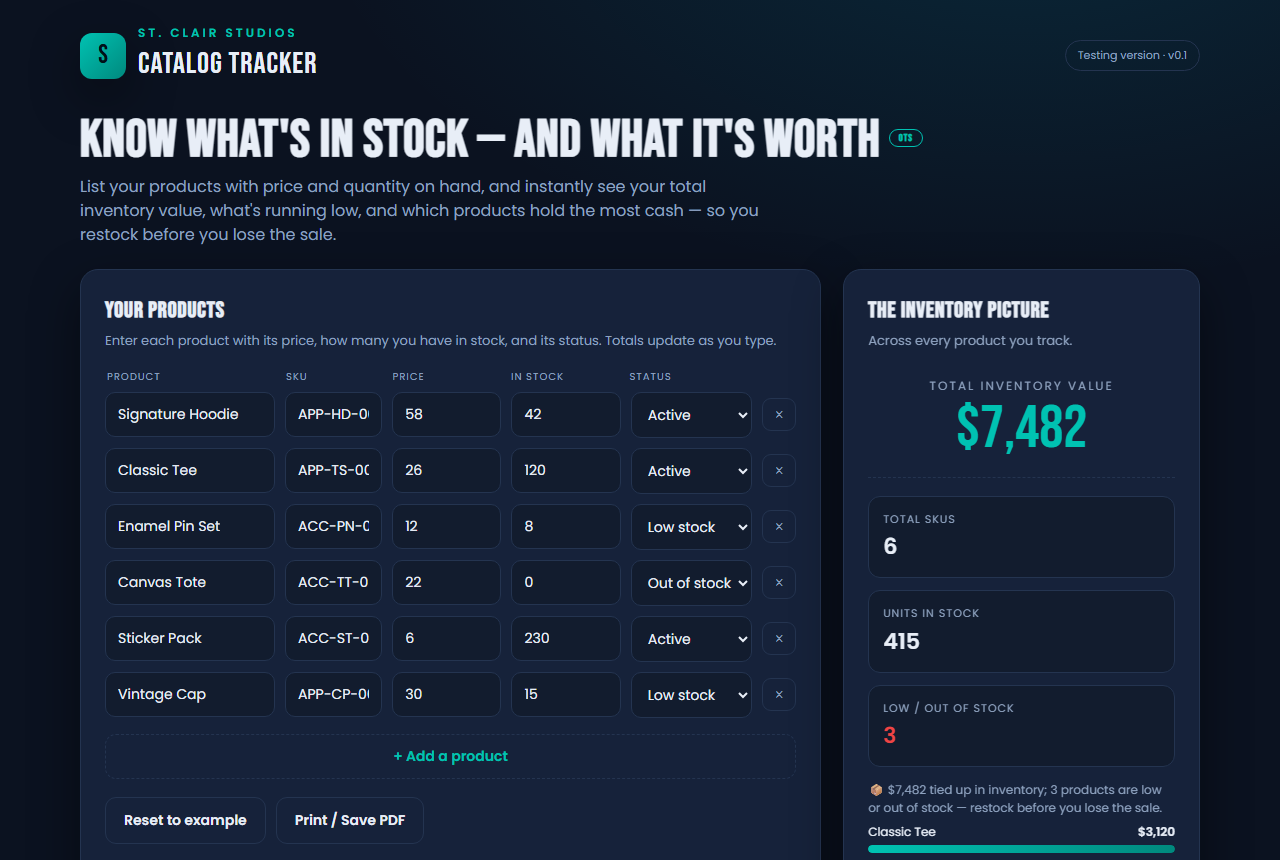 Screenshot of the Catalog Tracker tool