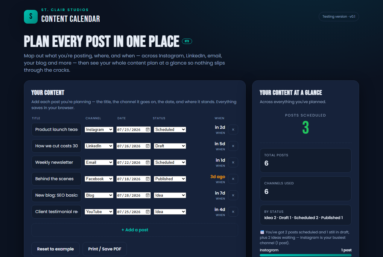 Screenshot of the Content Calendar tool
