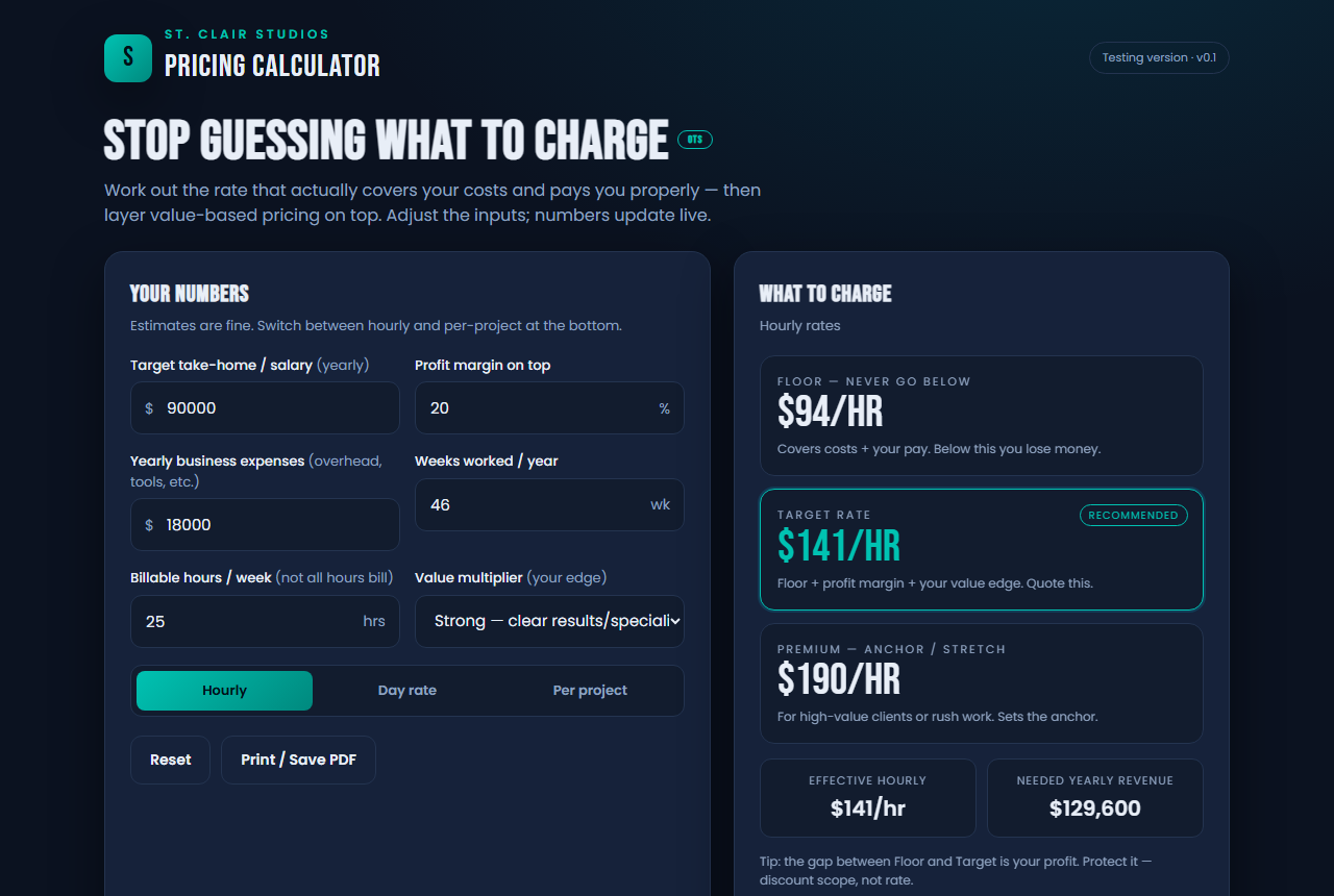 Screenshot of the Pricing Calculator tool