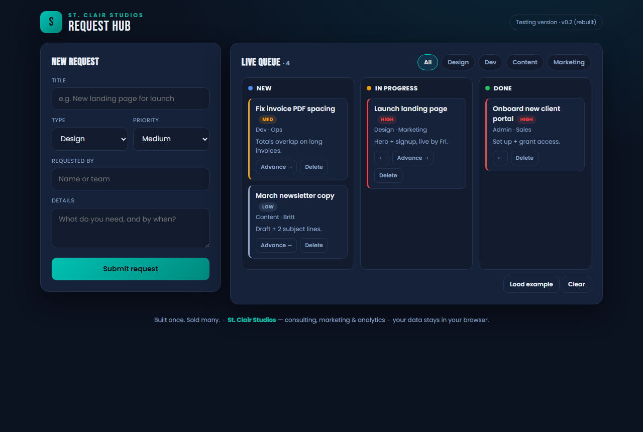 Screenshot of the Request Hub tool