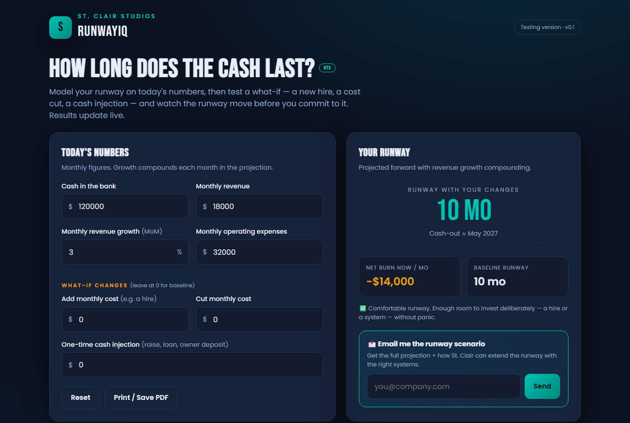 Screenshot of the RunwayIQ tool