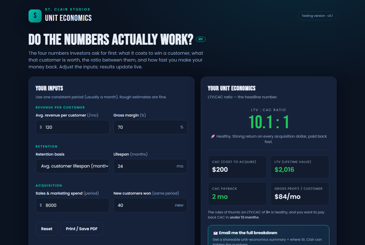 Screenshot of the Unit Economics tool